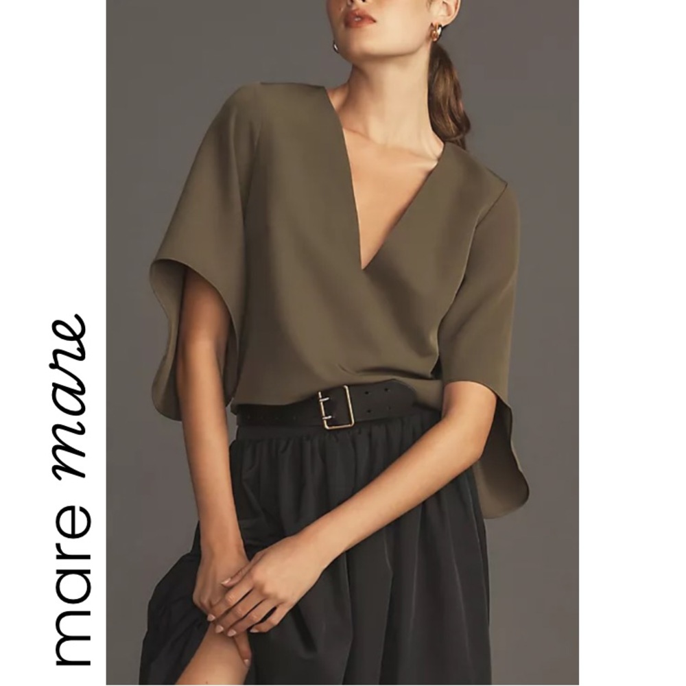 Anthropologie Olive Green V-Neck Flutter Sleeve Blouse